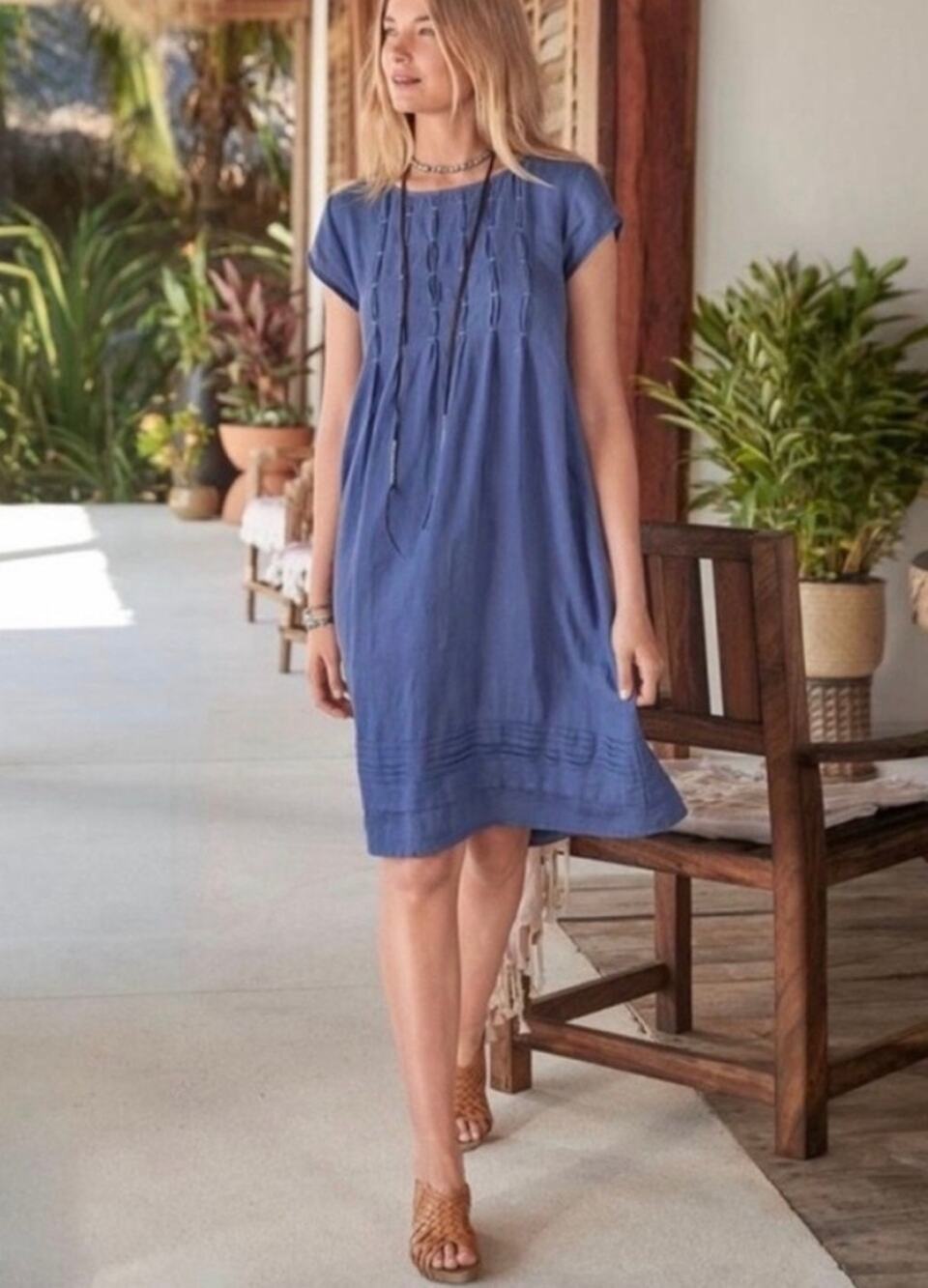 100% Linen Sundance Viv Indigo Pleated Tunic Dress Women's Medium
